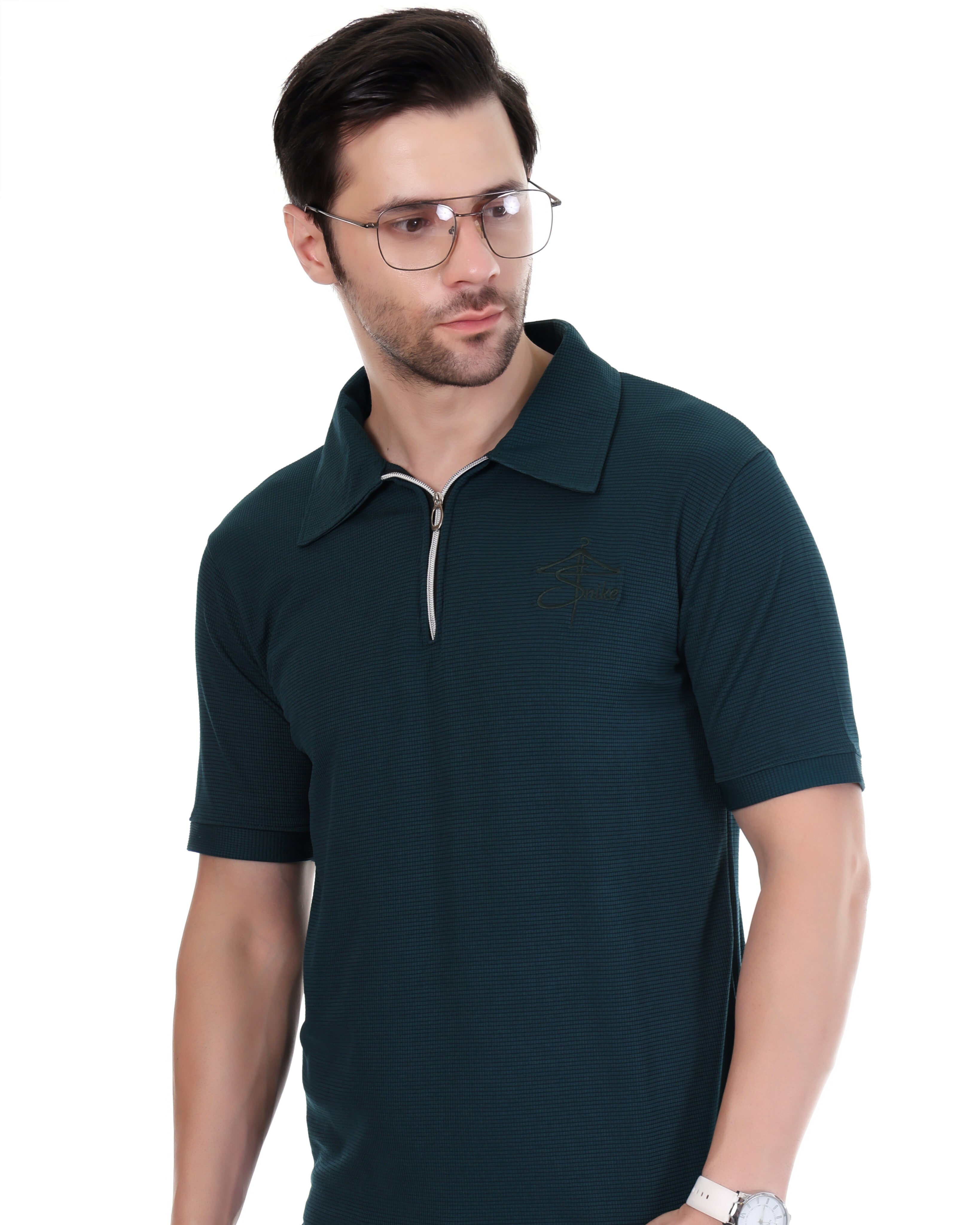 Men's Dark Teal Textured Polo T-Shirt – Classic Collar & Half Sleeves